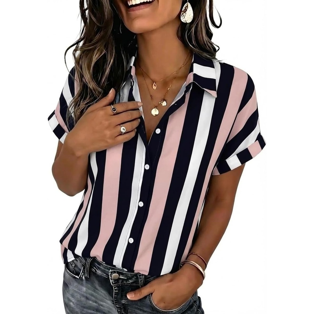 image:imageZeagoo Womens Tops Short Sleeve Shirt Button Down V Neck Casual Blouse 2026Stripe3