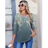 Zeagoo 3/4 Length Sleeve Womens Tops V Neck Pleated Boho Floral Blouses(Floral Grey Green)