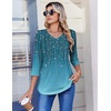 Zeagoo 3/4 Length Sleeve Womens Tops V Neck Pleated Boho Floral Blouses(Leaf Green)