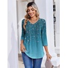 Zeagoo 3/4 Length Sleeve Womens Tops V Neck Pleated Boho Floral Blouses(Leaf Green)