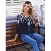 Zeagoo 3/4 Length Sleeve Womens Tops V Neck Pleated Boho Floral Blouses(Leaf Navy)