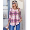 Zeagoo 3/4 Length Sleeve Womens Tops V Neck Pleated Boho Floral Blouses(Pink Plaid)