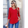 Zeagoo 3/4 Length Sleeve Womens Tops V Neck Pleated Boho Floral Blouses(Pure Red)
