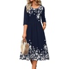 Zeagoo 3/4 Sleeve Women’s Dress Casual Aline Summer Fall Midi Long Dresses(Navy Blue Floral)