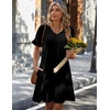 Zeagoo Summer Casual Dresses for Women A Line Sun Dress Ruffle Short Sleeve V Neck Floral Tshirt Dress with Pockets(Black)