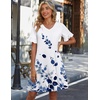 Zeagoo Summer Casual Dresses for Women A Line Sun Dress Ruffle Short Sleeve V Neck Floral Tshirt Dress with Pockets(Blue White-print)