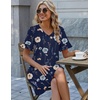 Zeagoo Summer Casual Dresses for Women A Line Sun Dress Ruffle Short Sleeve V Neck Floral Tshirt Dress with Pockets(Dark Blue Floral)
