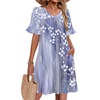 Zeagoo Summer Casual Dresses for Women A Line Sun Dress Ruffle Short Sleeve V Neck Floral Tshirt Dress with Pockets(Grey Floral-printed)