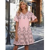 Zeagoo Summer Casual Dresses for Women A Line Sun Dress Ruffle Short Sleeve V Neck Floral Tshirt Dress with Pockets(Pink-printed)
