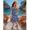 Zeagoo Women 2026 Summer Adjustable Spaghetti Strap Sundress Casual Ruched Floral V Neck Midi Flowy Beach Dress with Pockets(Blue White Floral)