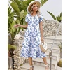 Zeagoo Womens Casual Summer Dress 2026 Petal Short Sleeve Dresses with Pleats Midi A Line Flowy Dress Boho Sundress(Blue Floral 01)