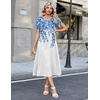 Zeagoo Womens Casual Summer Dress 2026 Petal Short Sleeve Dresses with Pleats Midi A Line Flowy Dress Boho Sundress(Blue+white Floral)