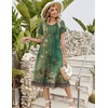Zeagoo Womens Casual Summer Dress 2026 Petal Short Sleeve Dresses with Pleats Midi A Line Flowy Dress Boho Sundress(Boho Green Floral)