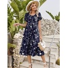 Zeagoo Womens Casual Summer Dress 2026 Petal Short Sleeve Dresses with Pleats Midi A Line Flowy Dress Boho Sundress(Navy Floral 01)