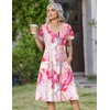 Zeagoo Womens Casual Summer Dress 2026 Short Sleeve Dresses Pleats Midi A Line Flowy Dress Boho Beach Sundress with Pockets(Pattern-pink)