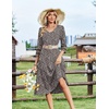 Zeagoo Women’s Dresses 3/4 Sleeve Casual V-Neck A Line Eyelet Midi Dress(Brown Floral)