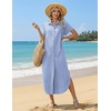 Zeagoo Womens Dresses Casual Summer Short Sleeve Button Down Long Shirt Dresses Swimsuit Beach Cover Ups with Pockets(01-blue Stripe)