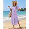 Zeagoo Womens Dresses Casual Summer Short Sleeve Button Down Long Shirt Dresses Swimsuit Beach Cover Ups with Pockets(Purple Stripe)