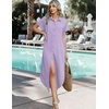 Zeagoo Womens Dresses Casual Summer Short Sleeve Button Down Long Shirt Dresses Swimsuit Beach Cover Ups with Pockets(Purple Stripe)