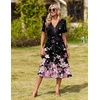 Zeagoo Womens Summer Casual Dresses Short Sleeve Midi Warp V-Neck Floral Dress with Pockets Tiered Flowy A Line Sundress(Black Pink Floral)