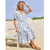 Zeagoo Womens Summer Casual Dresses Short Sleeve Midi Warp V-Neck Floral Dress with Pockets Tiered Flowy A Line Sundress(White Blue Floral)