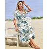Zeagoo Womens Summer Casual Dresses Short Sleeve Midi Warp V-Neck Floral Dress with Pockets Tiered Flowy A Line Sundress(White Green Leaf)