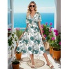 Zeagoo Womens Summer Casual Dresses Short Sleeve Midi Warp V-Neck Floral Dress with Pockets Tiered Flowy A Line Sundress(White Green Leaf)