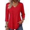 Zeagoo 3/4 Length Sleeve Womens Tops V Neck Pleated Boho Floral Blouses(Pure Red)