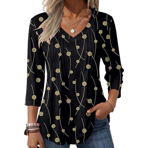 Zeagoo 3/4 Length Sleeve Womens Tops V Neck Pleated Boho Floral Blouses(Black Khaki Dots)