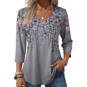 Zeagoo 3/4 Length Sleeve Womens Tops V Neck Pleated Boho Floral Blouses(Boho Hf36)