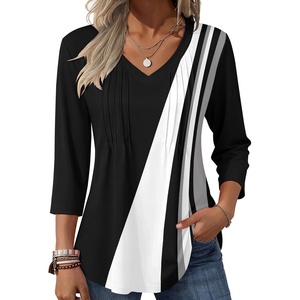 Zeagoo 3/4 Length Sleeve Womens Tops V Neck Pleated Boho Floral Blouses(Boho Jh540)