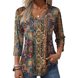 Zeagoo 3/4 Length Sleeve Womens Tops V Neck Pleated Boho Floral Blouses(Boho Mz721)