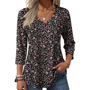 Zeagoo 3/4 Length Sleeve Womens Tops V Neck Pleated Boho Floral Blouses(Floral Black)