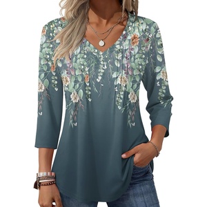 Zeagoo 3/4 Length Sleeve Womens Tops V Neck Pleated Boho Floral Blouses(Floral Grey Green)