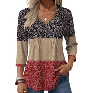 Zeagoo 3/4 Length Sleeve Womens Tops V Neck Pleated Boho Floral Blouses(Floral Multiple Color)