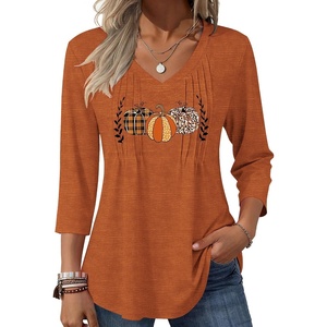 Zeagoo 3/4 Length Sleeve Womens Tops V Neck Pleated Boho Floral Blouses(Halloween Prints)