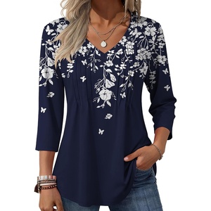 Zeagoo 3/4 Length Sleeve Womens Tops V Neck Pleated Boho Floral Blouses(Leaf Navy)