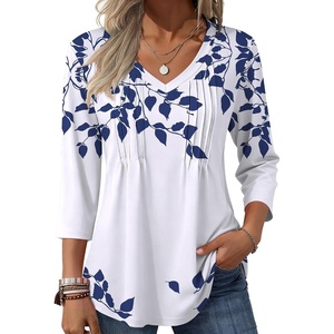Zeagoo 3/4 Length Sleeve Womens Tops V Neck Pleated Boho Floral Blouses(Leaf White)