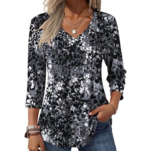 Zeagoo 3/4 Length Sleeve Womens Tops V Neck Pleated Boho Floral Blouses(Multicolor 273)