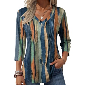 Zeagoo 3/4 Length Sleeve Womens Tops V Neck Pleated Boho Floral Blouses(Multicolor 289)