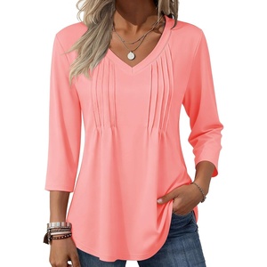 Zeagoo 3/4 Length Sleeve Womens Tops V Neck Pleated Boho Floral Blouses(Pink)