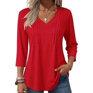 Zeagoo 3/4 Length Sleeve Womens Tops V Neck Pleated Boho Floral Blouses(Pure Red)