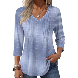 Zeagoo 3/4 Length Sleeve Womens Tops V Neck Pleated Boho Floral Blouses(Striped 273)