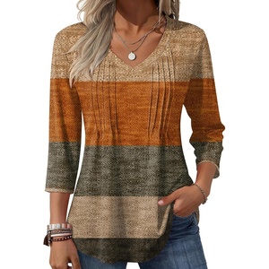 Zeagoo 3/4 Length Sleeve Womens Tops V Neck Pleated Boho Floral Blouses(Striped 398)