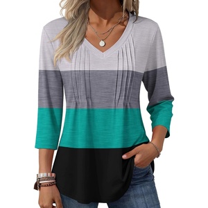Zeagoo 3/4 Length Sleeve Womens Tops V Neck Pleated Boho Floral Blouses(Striped 595)