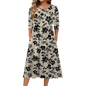 Zeagoo 3/4 Sleeve Women’s Dress Casual Aline Summer Fall Midi Long Dresses(Beige +Black Floral)