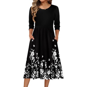 Zeagoo 3/4 Sleeve Women’s Dress Casual Aline Summer Fall Midi Long Dresses(Black Floral)