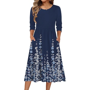 Zeagoo 3/4 Sleeve Women’s Dress Casual Aline Summer Fall Midi Long Dresses(Blue Flower)