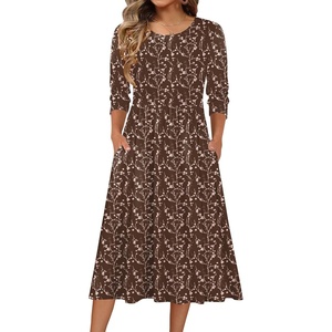 Zeagoo 3/4 Sleeve Women’s Dress Casual Aline Summer Fall Midi Long Dresses(Coffee Print)