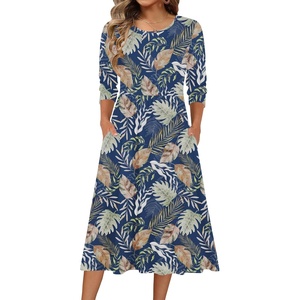 Zeagoo 3/4 Sleeve Women’s Dress Casual Aline Summer Fall Midi Long Dresses(Leaf Print)